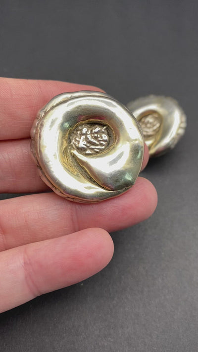 Modernist Sterling Silver Large Hollow Filled Flower Clip on Earrings