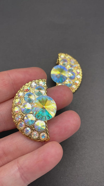 1980s Chic Runway Clip on Earrings with Aurora Borealis Crystals