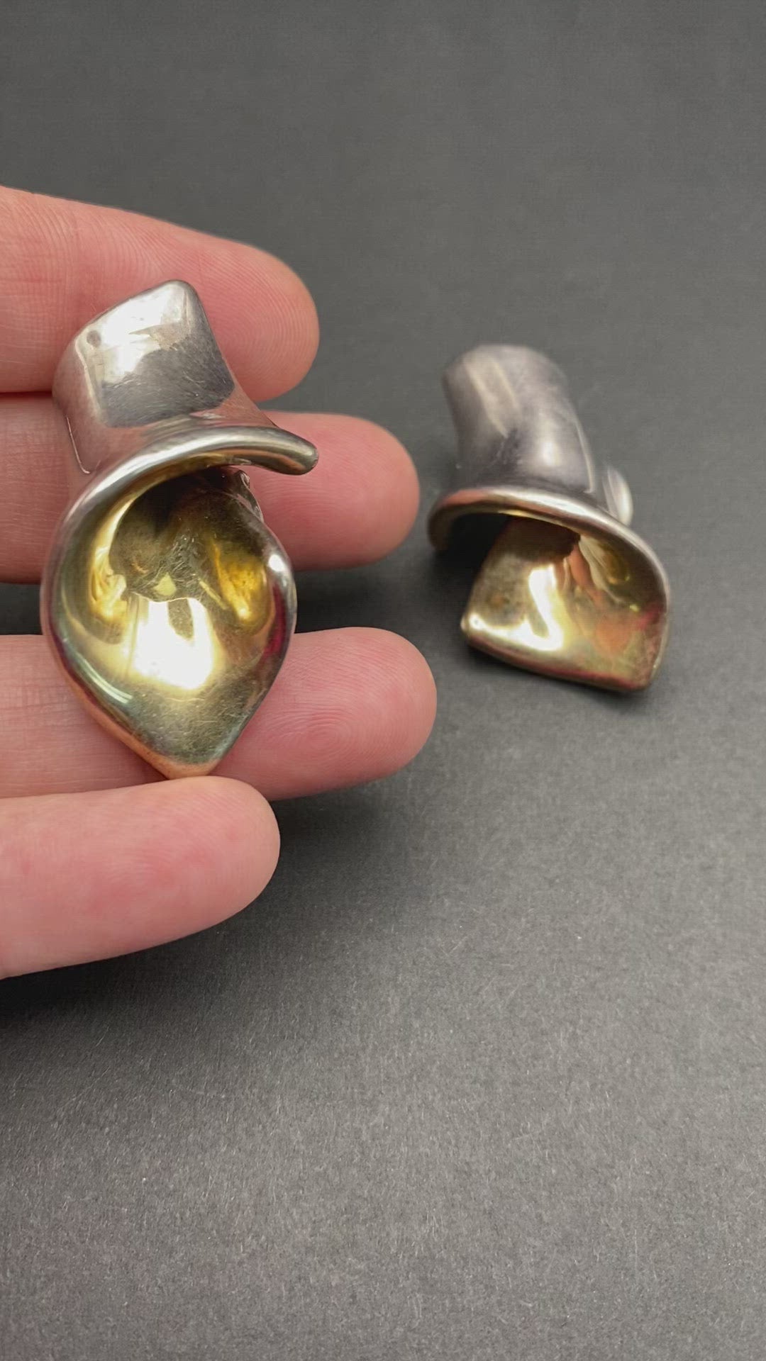 Modernist Sterling Silver Hollow Filled Clip on Earrings with Internal Gold Wash