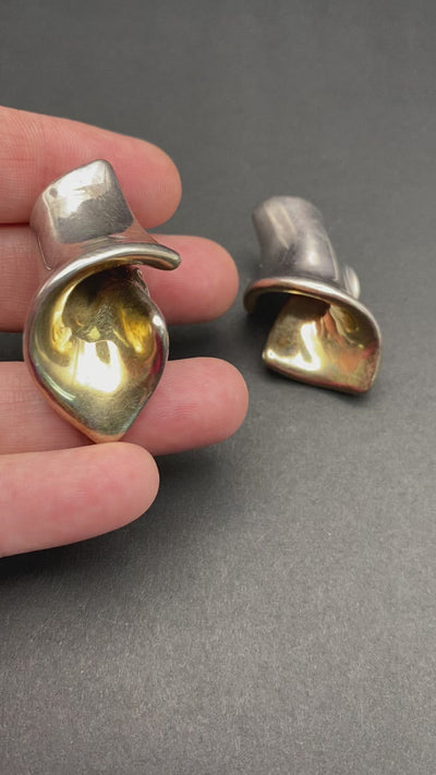 Modernist Sterling Silver Hollow Filled Clip on Earrings with Internal Gold Wash