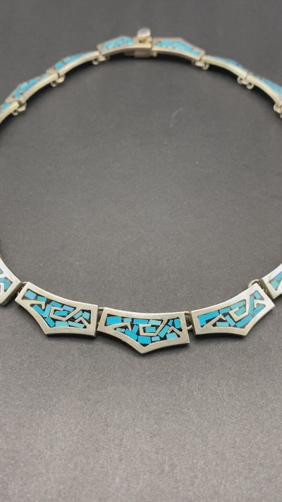 1970s Crushed Blue Turquoise Inlay Sterling Silver Choker made in Taxco Mexico