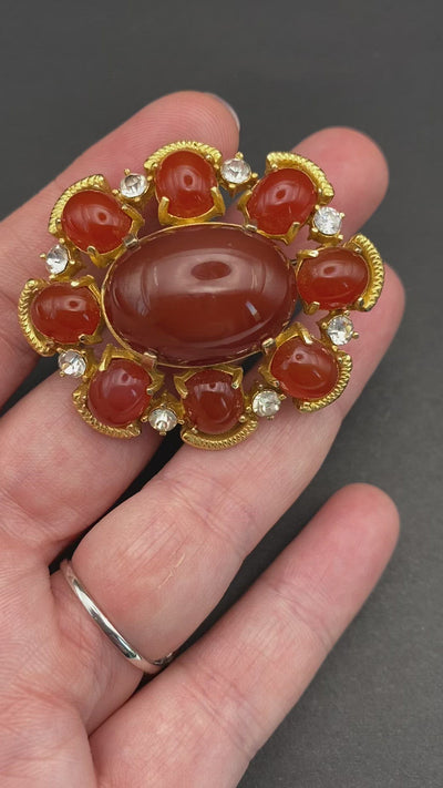 Signed Sphinx Faux Carnelian Cabuchon Brooch
