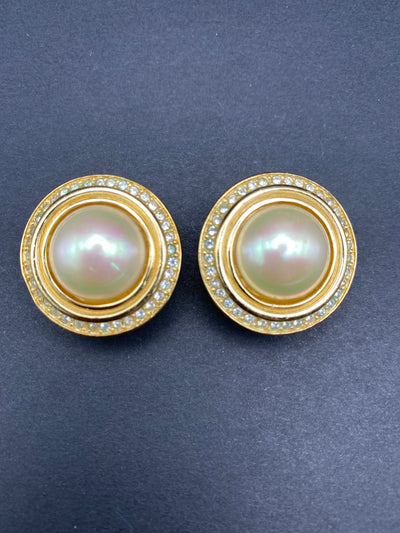 1980s Christian Dior Faux Pearl & Diamanté Clip on Earrings