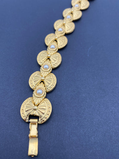 1980s Faux pearl & Gold Metal Aztec inspired Bracelet