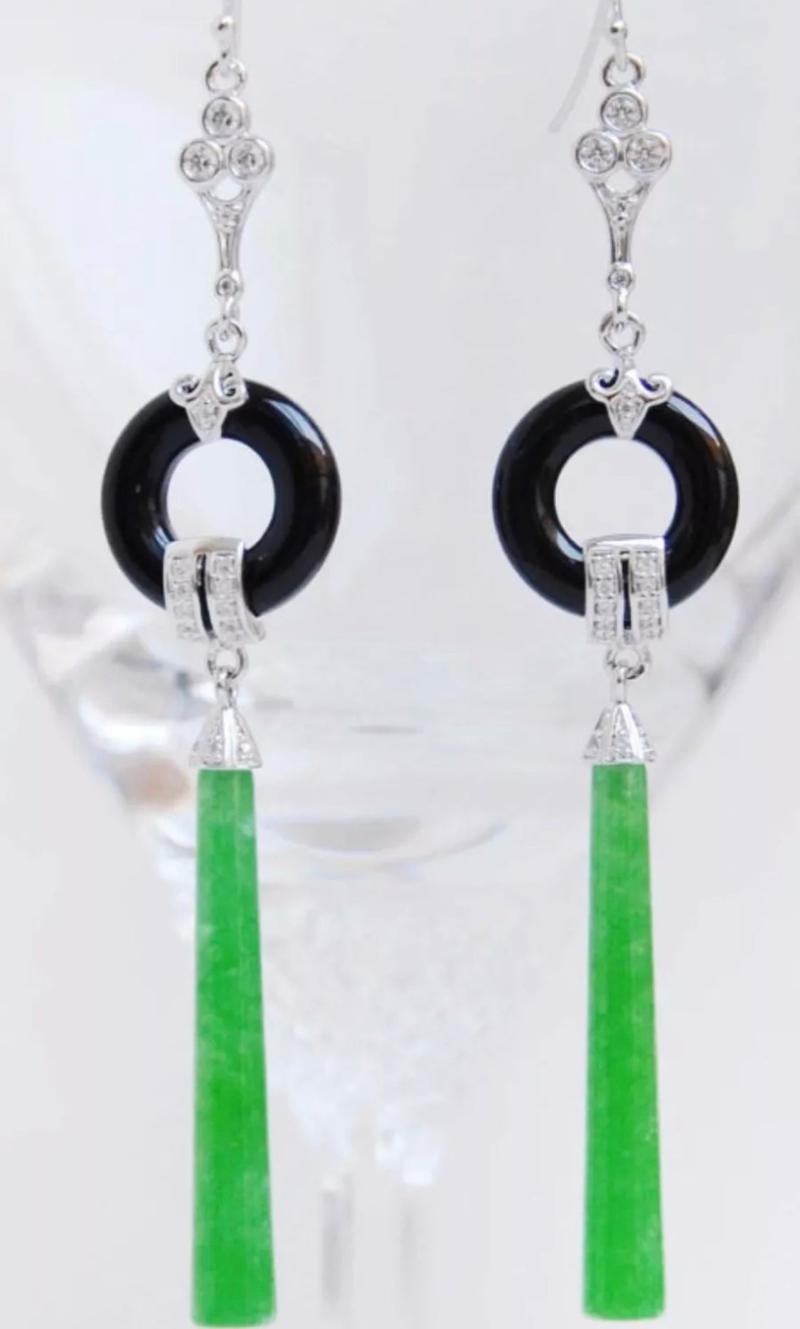 SOLD - Fine Quality Repro Onyx & Jade Drop Earrings. Sterling Silver & Paste.