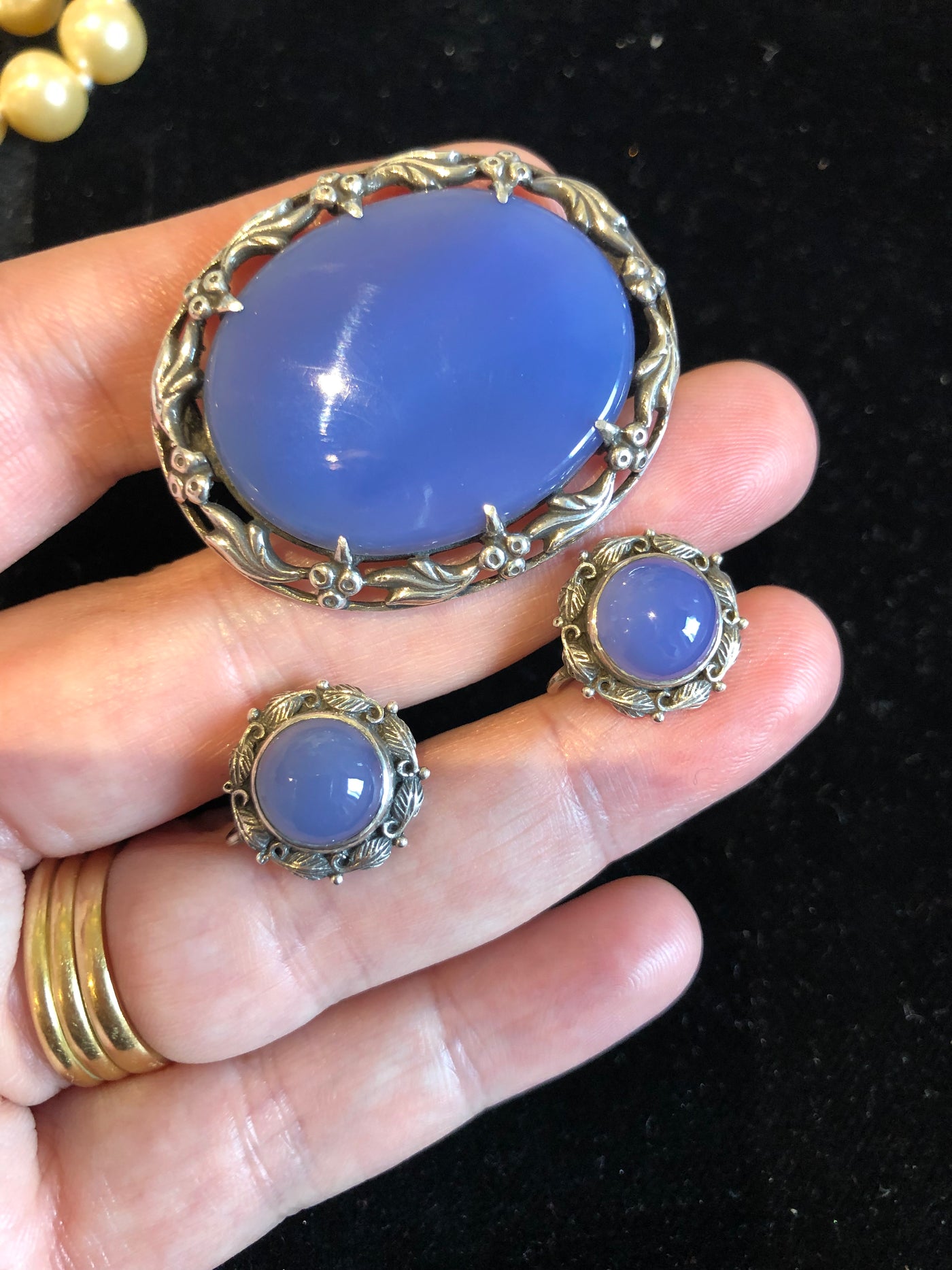 SOLD - 1960s Sterling Silver & Blue Agate Brooch Set Stamped Sterling