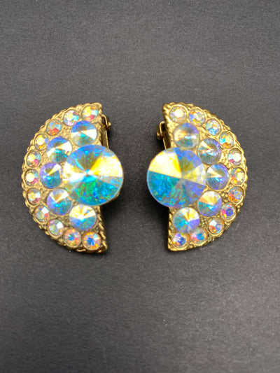 1980s Chic Runway Clip on Earrings with Aurora Borealis Crystals