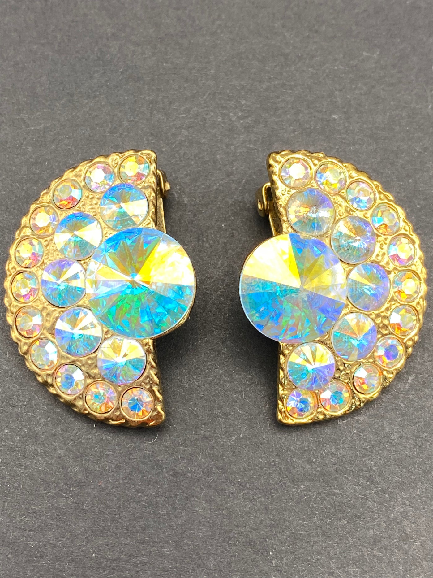1980s Chic Runway Clip on Earrings with Aurora Borealis Crystals
