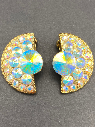 1980s Chic Runway Clip on Earrings with Aurora Borealis Crystals