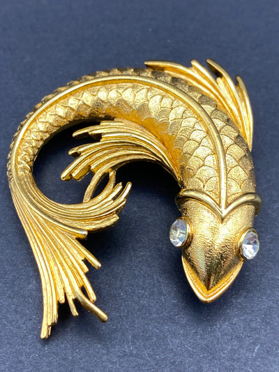 Rare Signed Monet Fish Brooch Set with Large Diamanté Eyes