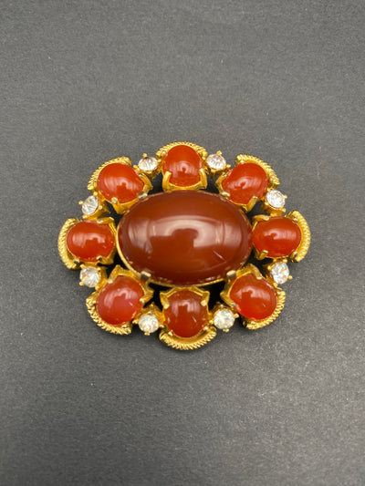 Signed Sphinx Faux Carnelian Cabuchon Brooch