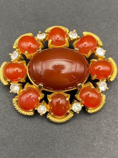 Signed Sphinx Faux Carnelian Cabuchon Brooch