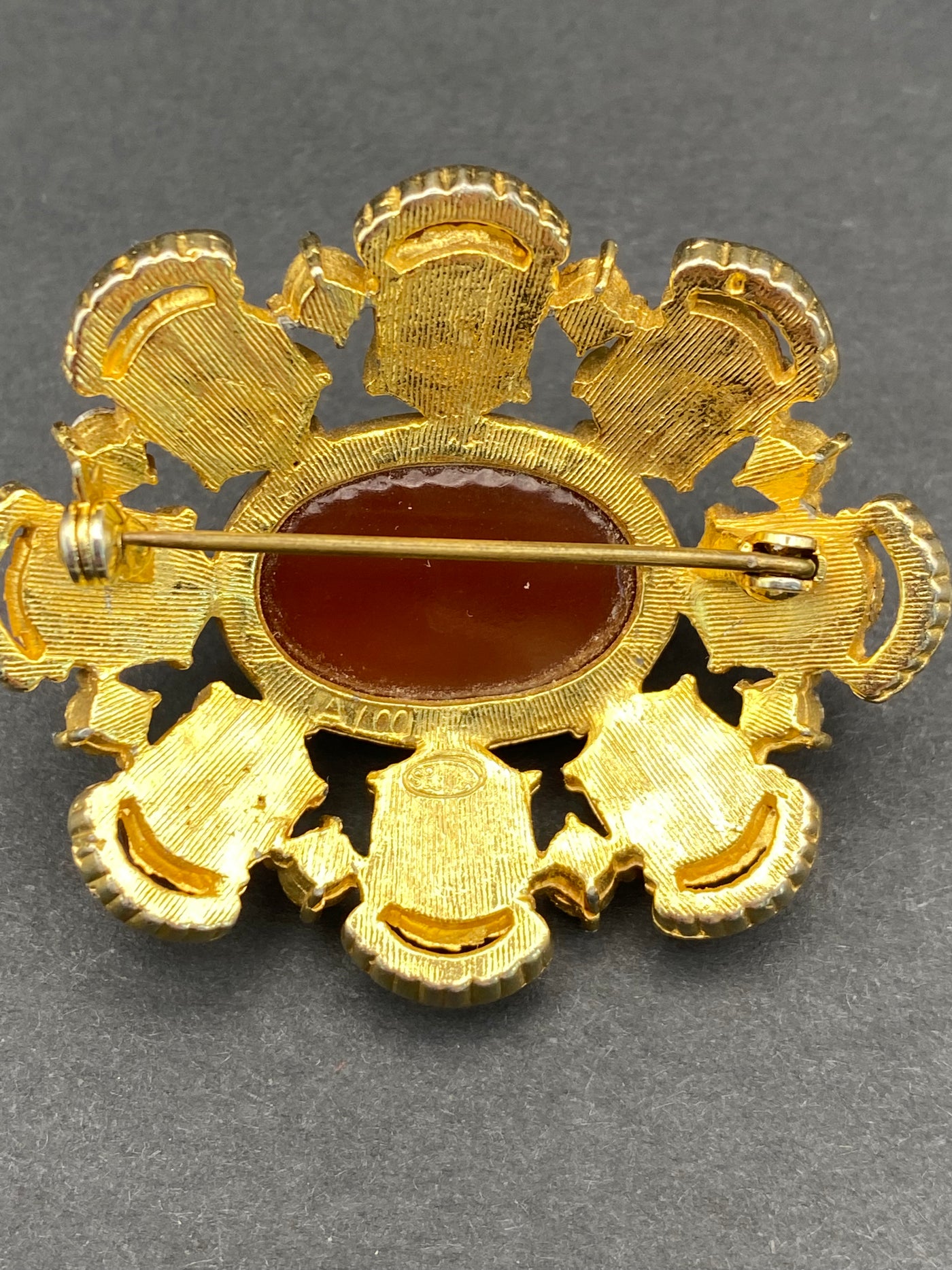 Signed Sphinx Faux Carnelian Cabuchon Brooch