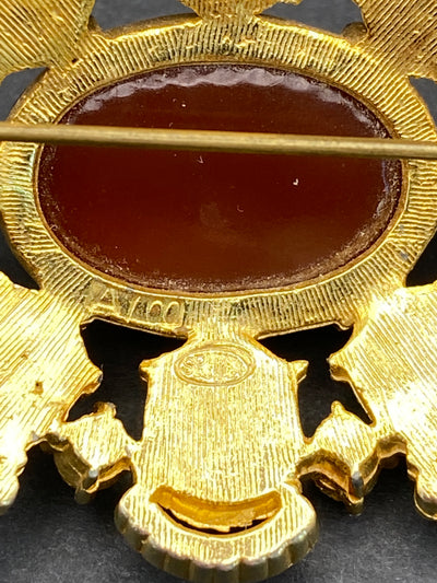Signed Sphinx Faux Carnelian Cabuchon Brooch