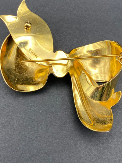 Huge 1980s Signed Monet Faux Gold Bow Brooch