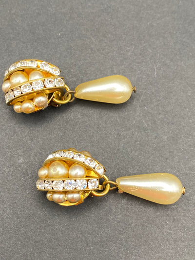 1950s Classic Faux Pearl & Diamanté Drop Clip Earrings