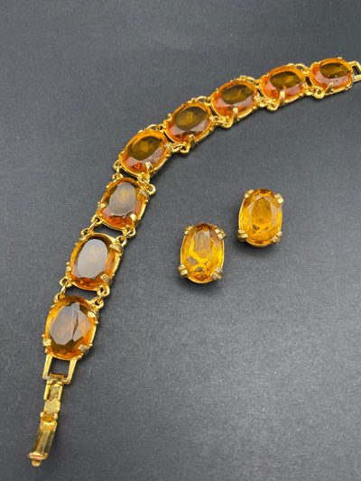 1950s Classic Amber Glass Set Bracelet & Matching Clip on Earrings
