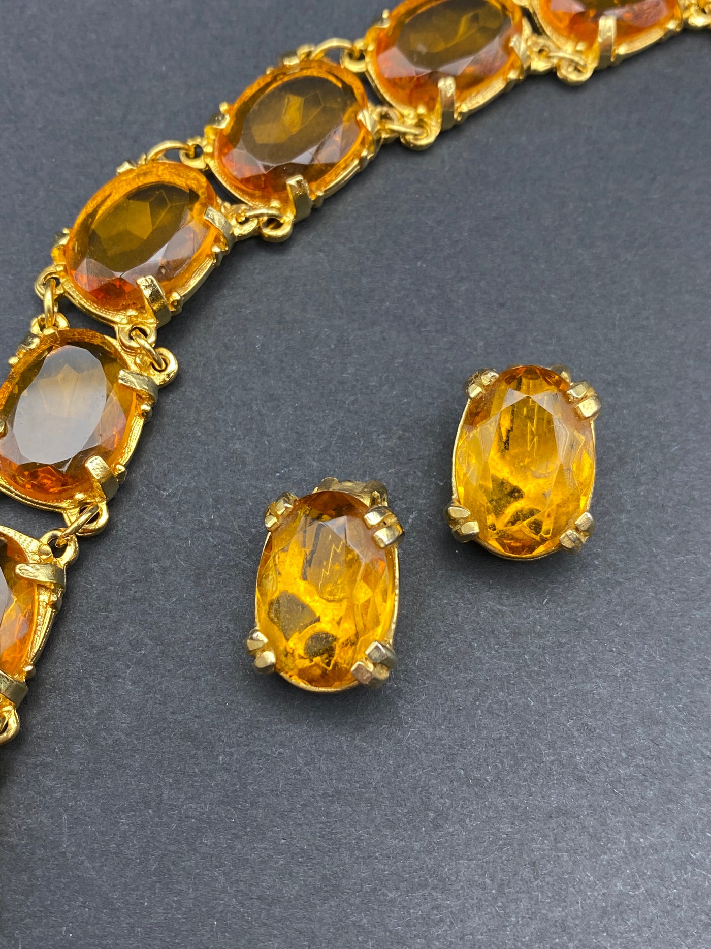 1950s Classic Amber Glass Set Bracelet & Matching Clip on Earrings