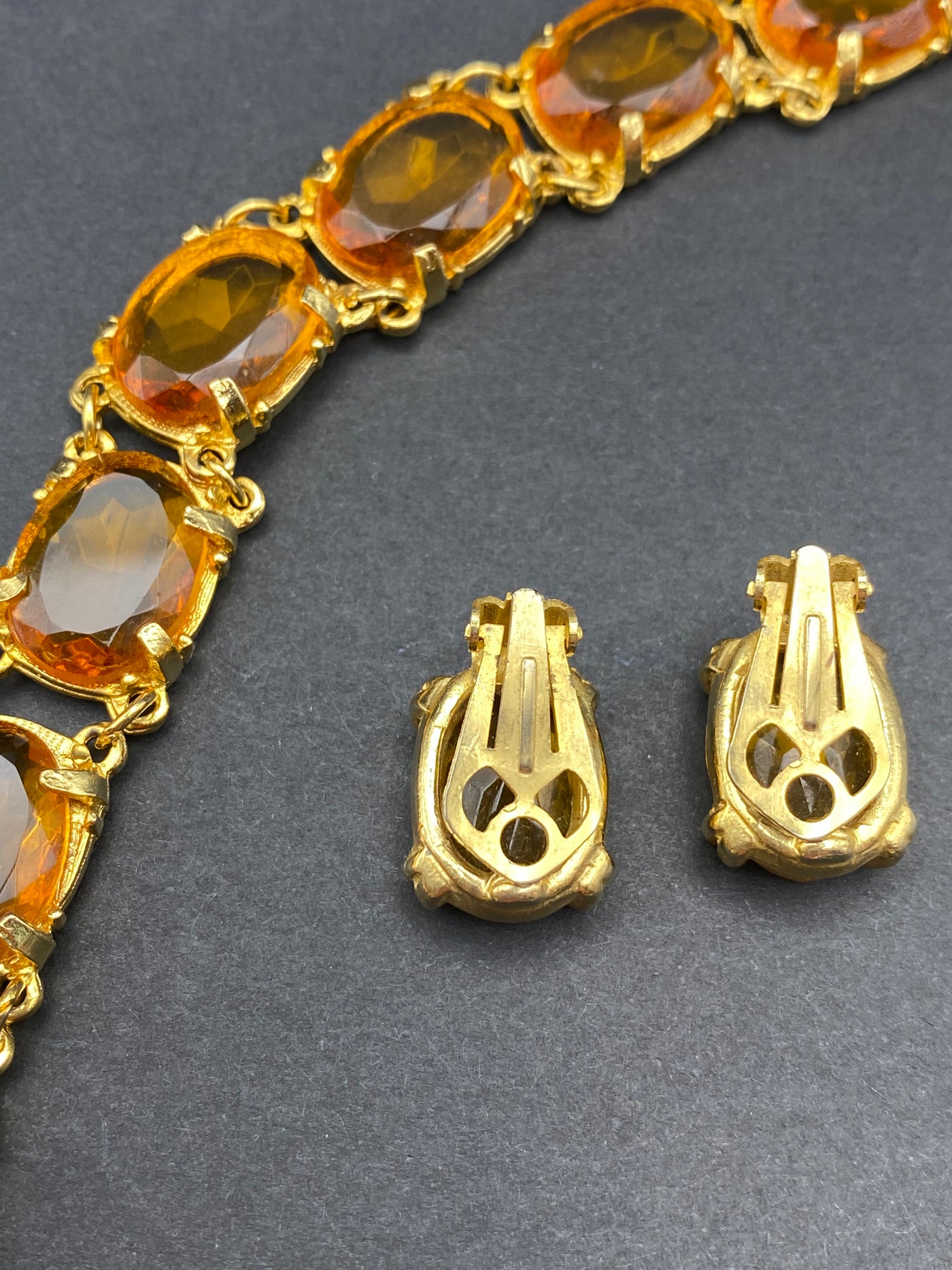 1950s Classic Amber Glass Set Bracelet & Matching Clip on Earrings