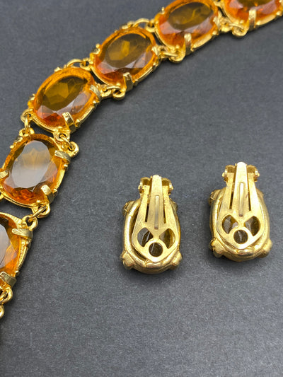 1950s Classic Amber Glass Set Bracelet & Matching Clip on Earrings
