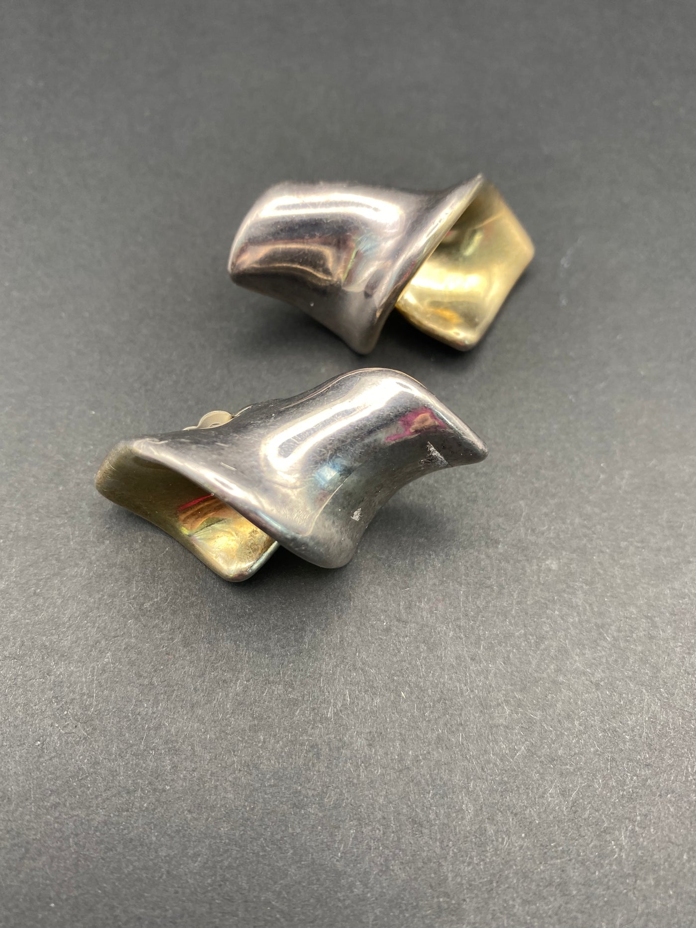 Modernist Sterling Silver Hollow Filled Clip on Earrings with Internal Gold Wash