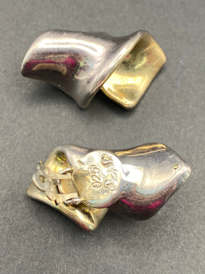 Modernist Sterling Silver Hollow Filled Clip on Earrings with Internal Gold Wash