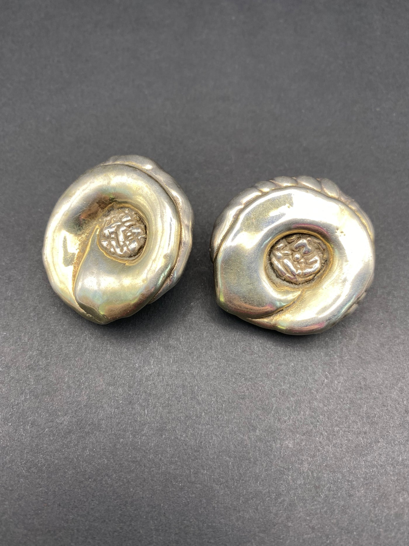 Modernist Sterling Silver Large Hollow Filled Flower Clip on Earrings