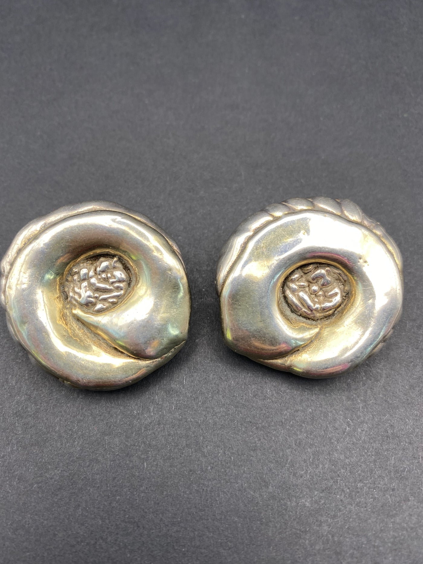 Modernist Sterling Silver Large Hollow Filled Flower Clip on Earrings