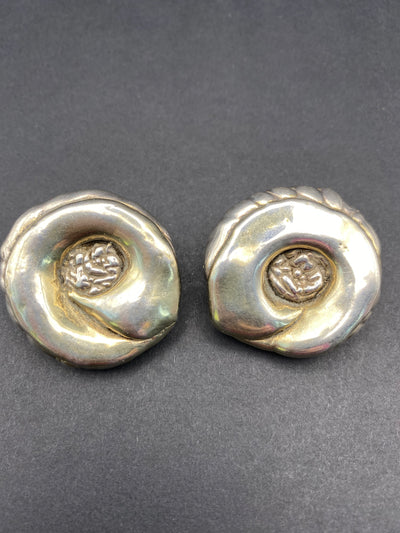 Modernist Sterling Silver Large Hollow Filled Flower Clip on Earrings