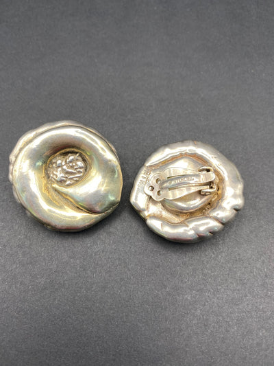 Modernist Sterling Silver Large Hollow Filled Flower Clip on Earrings