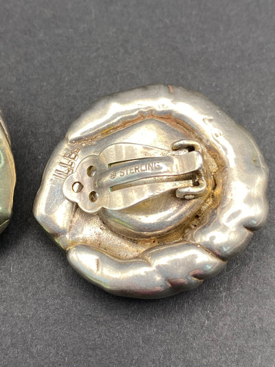 Modernist Sterling Silver Large Hollow Filled Flower Clip on Earrings