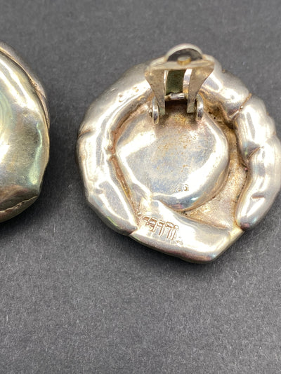 Modernist Sterling Silver Large Hollow Filled Flower Clip on Earrings