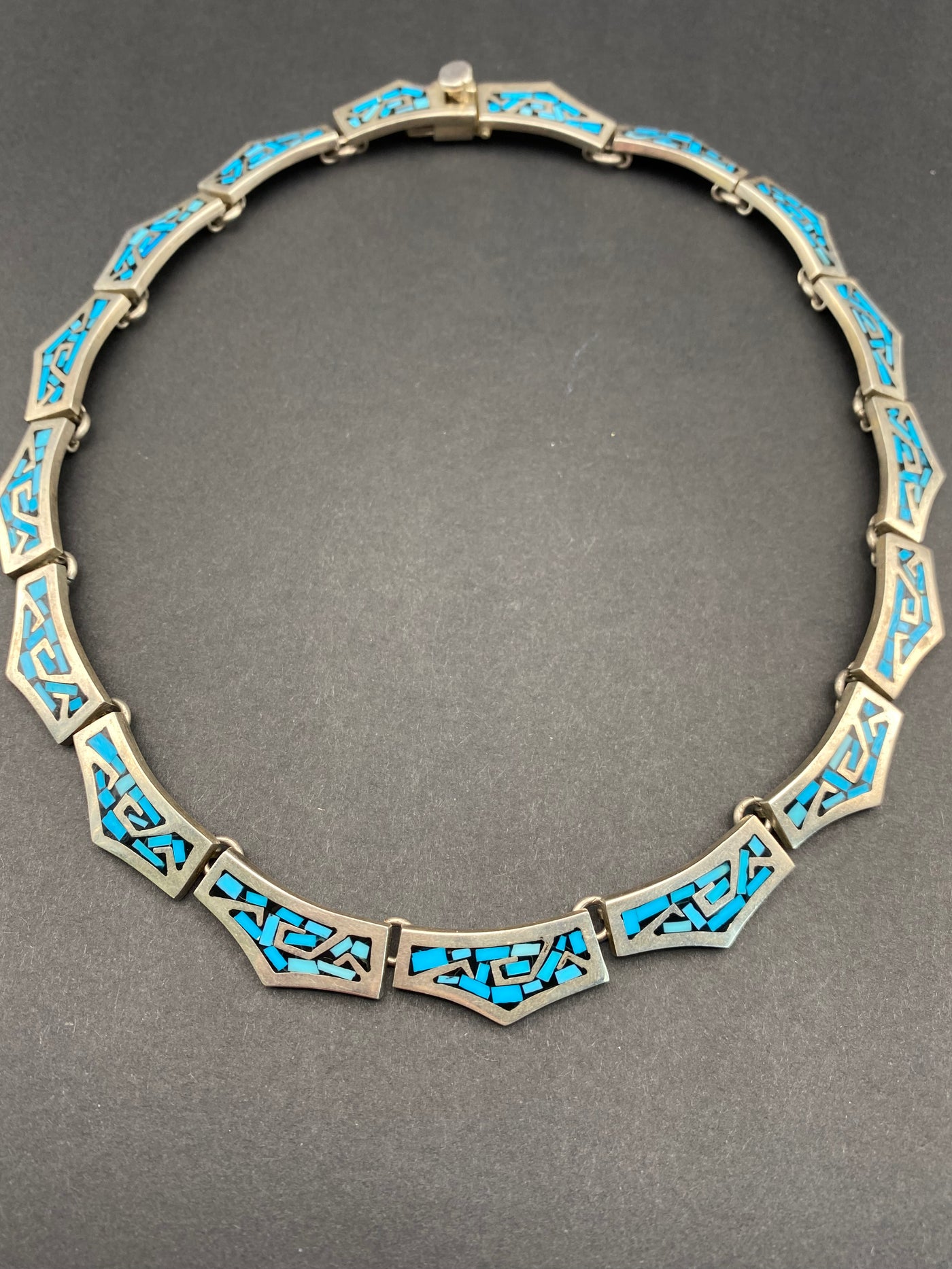 1970s Crushed Blue Turquoise Inlay Sterling Silver Choker made in Taxco Mexico