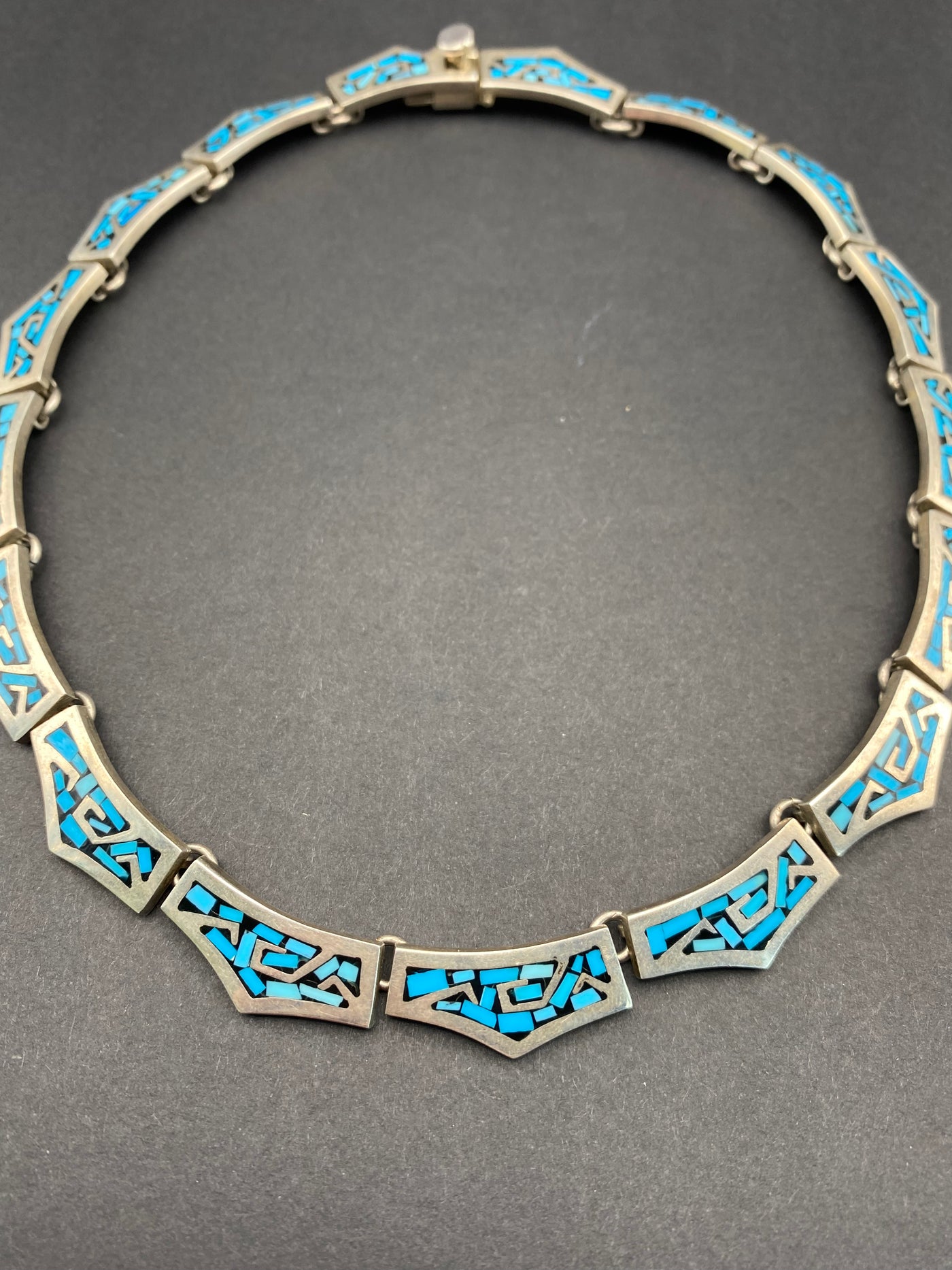 1970s Crushed Blue Turquoise Inlay Sterling Silver Choker made in Taxco Mexico