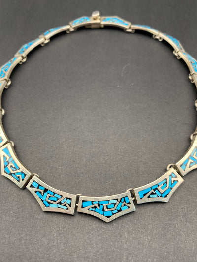 1970s Crushed Blue Turquoise Inlay Sterling Silver Choker made in Taxco Mexico
