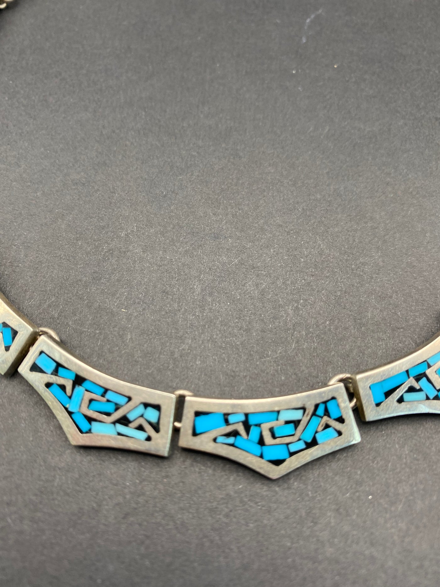 1970s Crushed Blue Turquoise Inlay Sterling Silver Choker made in Taxco Mexico