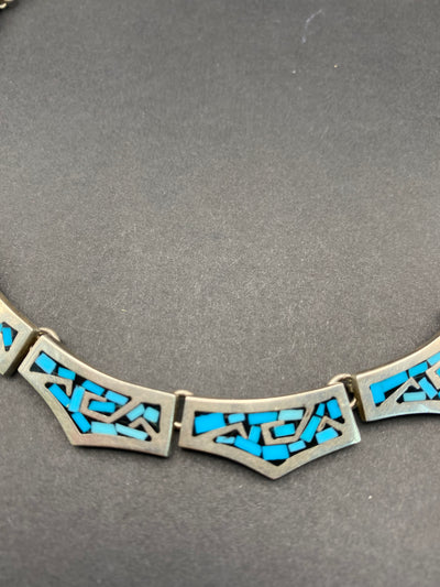 1970s Crushed Blue Turquoise Inlay Sterling Silver Choker made in Taxco Mexico