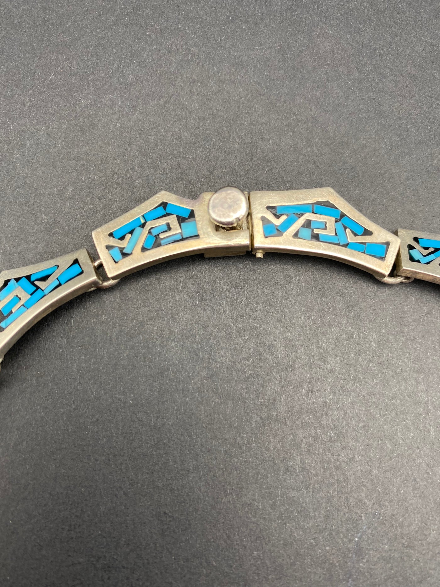 1970s Crushed Blue Turquoise Inlay Sterling Silver Choker made in Taxco Mexico
