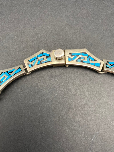 1970s Crushed Blue Turquoise Inlay Sterling Silver Choker made in Taxco Mexico