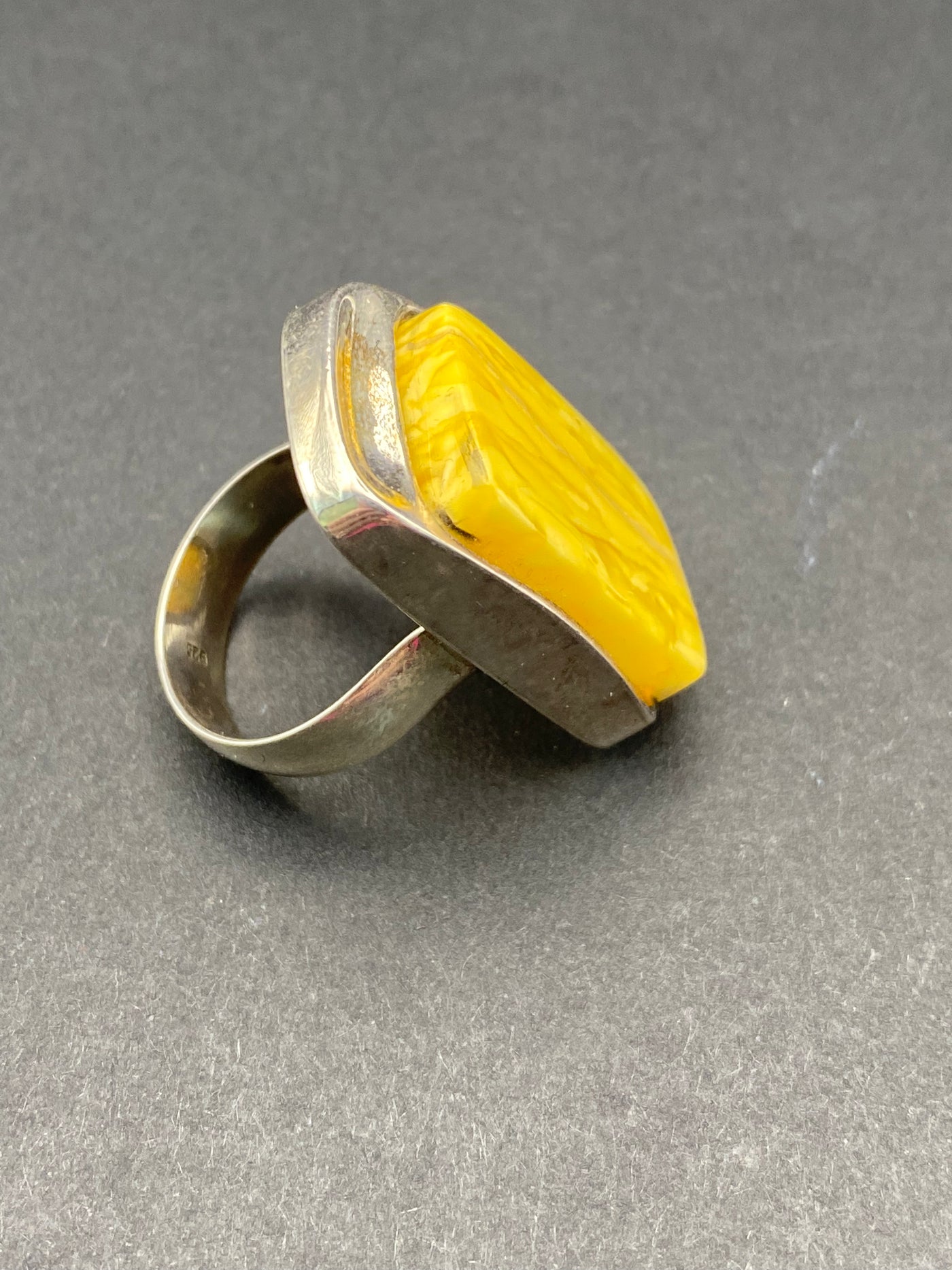 Modernist Sterling Silver & Butterscotch Amber Dress Ring