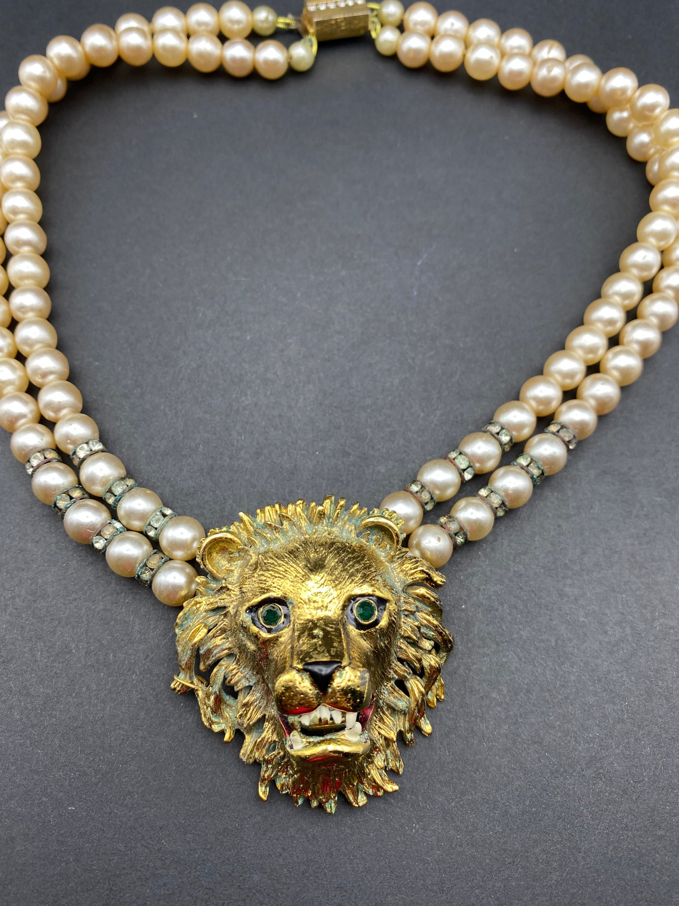 SOLD - Vintage 1960s Lions Head Collar Necklace Set with Faux Pearls & Diamanté Spacers